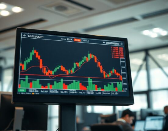 Asian currency markets and trading charts on a monitor, with yen and dollar symbols in focus