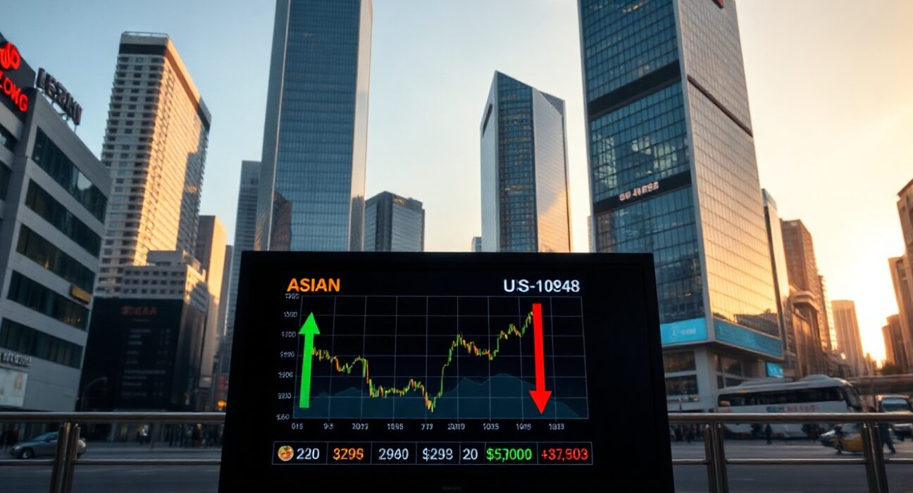 Asian financial district with digital currency charts showing gains for Asian FX and a dip for the US dollar, under a bright sky.