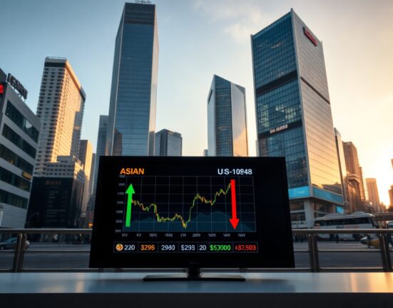 Asian financial district with digital currency charts showing gains for Asian FX and a dip for the US dollar, under a bright sky.