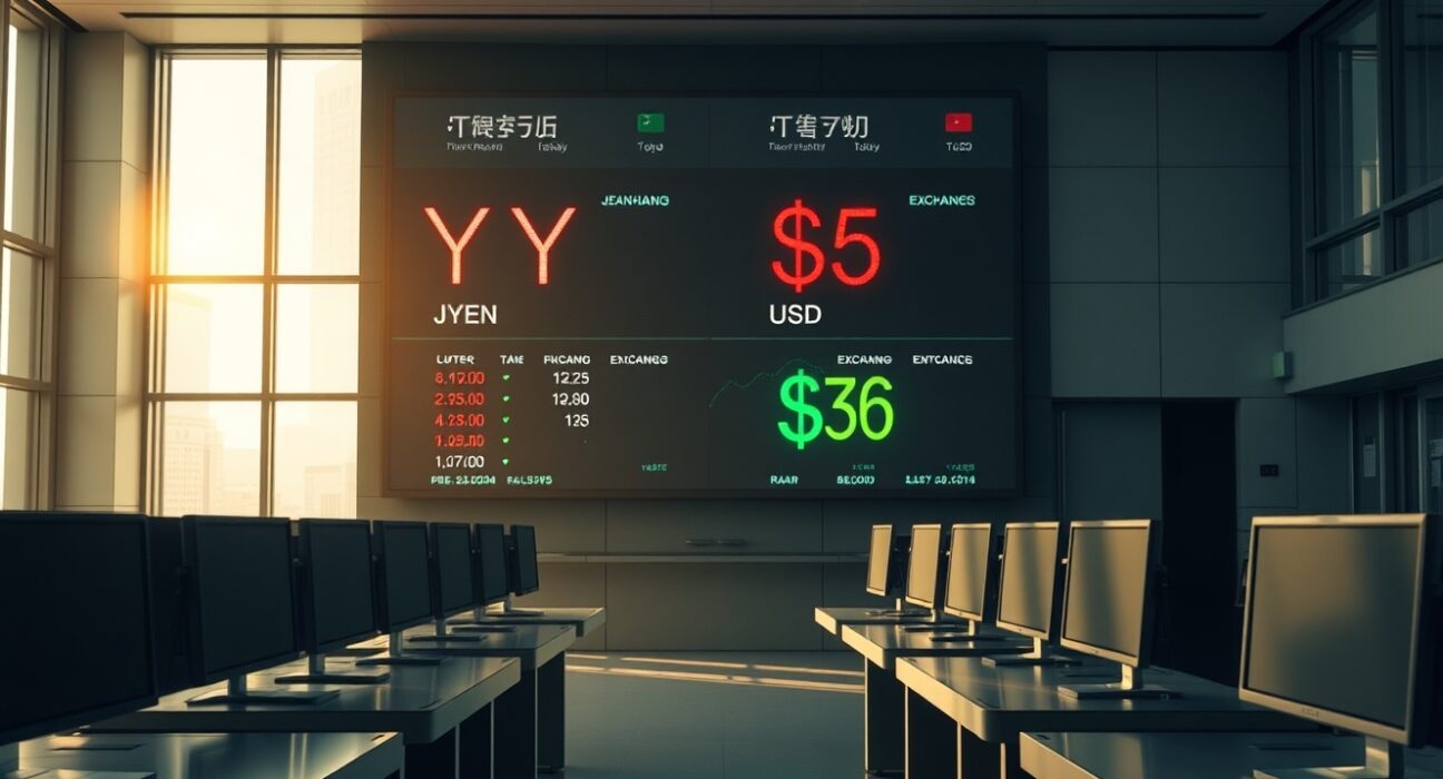 Digital forex screen showing USD and JPY exchange rates on an Asian trading floor at dawn