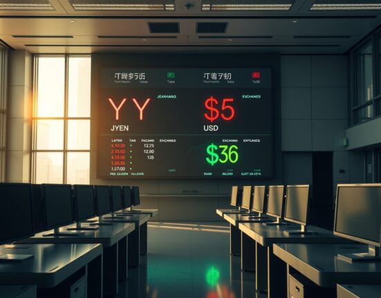 Digital forex screen showing USD and JPY exchange rates on an Asian trading floor at dawn