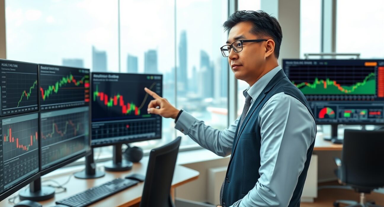 Financial analyst in Singapore examines Asian currency charts showing geopolitical impacts on FX markets