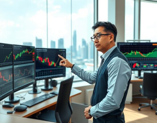 Financial analyst in Singapore examines Asian currency charts showing geopolitical impacts on FX markets