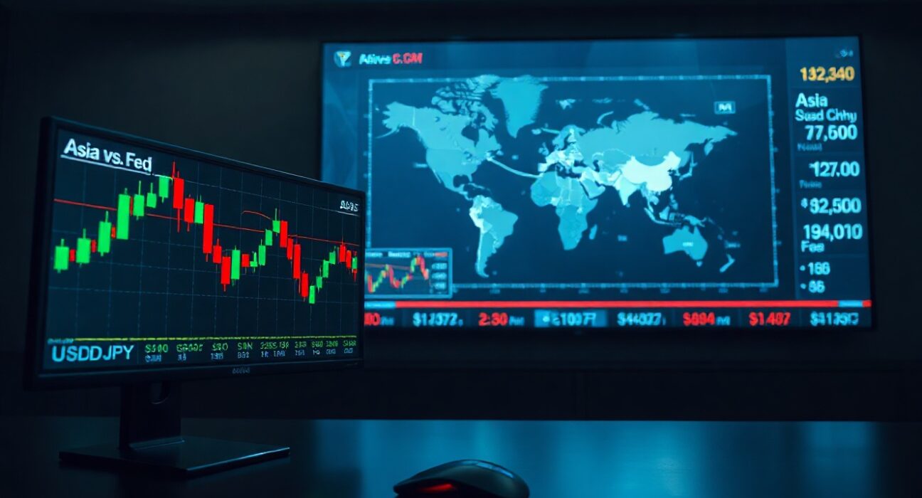 Financial trading desk with monitor showing Asian currency charts and a map of Asia, representing forex market analysis.