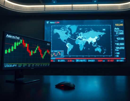 Financial trading desk with monitor showing Asian currency charts and a map of Asia, representing forex market analysis.