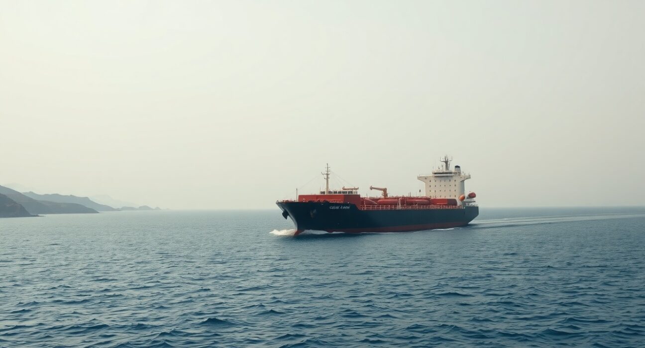Oil tanker navigating the Strait of Hormuz under hazy morning light, representing geopolitical risk for Asian currencies.