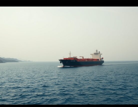 Oil tanker navigating the Strait of Hormuz under hazy morning light, representing geopolitical risk for Asian currencies.