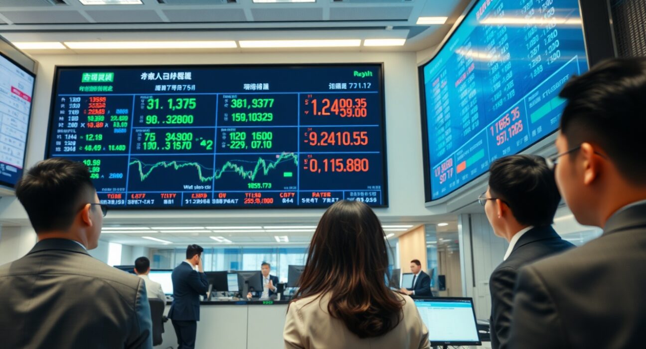 Asian financial trading floor with digital screen showing currency exchange rates and charts.