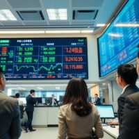 Asian financial trading floor with digital screen showing currency exchange rates and charts.