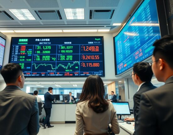 Asian financial trading floor with digital screen showing currency exchange rates and charts.