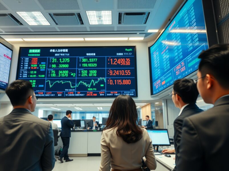 Asian financial trading floor with digital screen showing currency exchange rates and charts.
