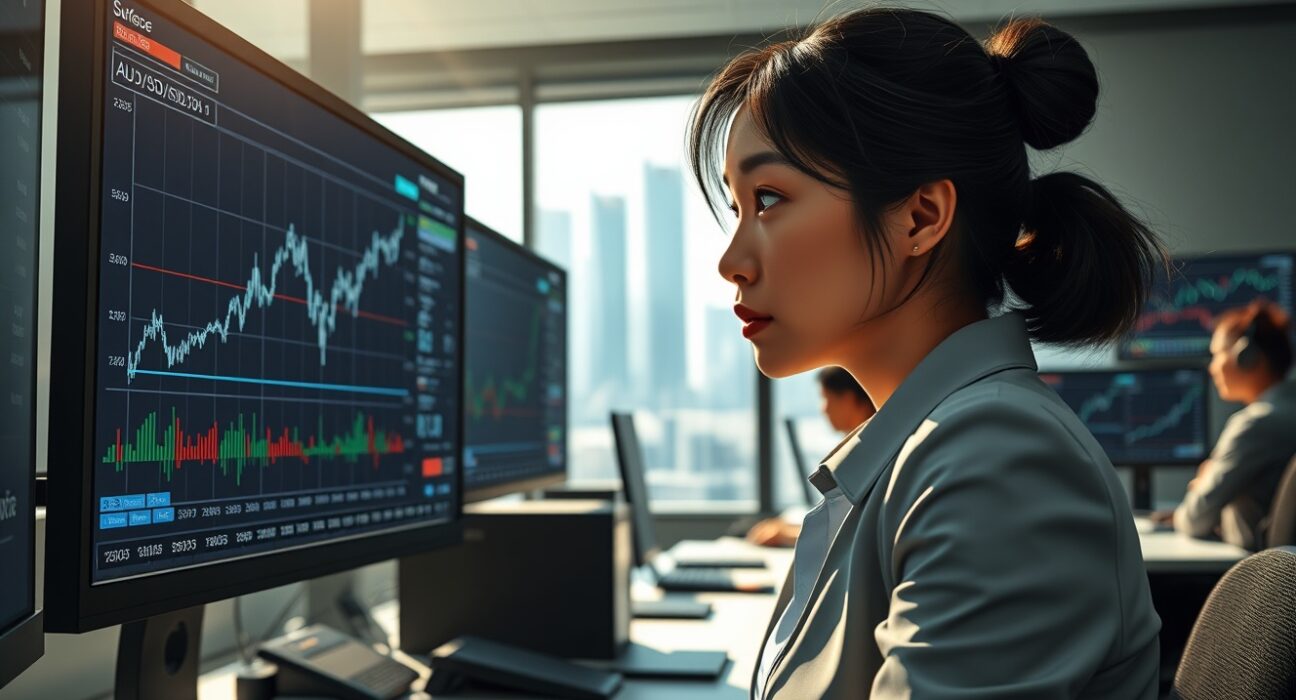 Trader in Asia analyzes currency charts as Australian dollar rises and regional FX reacts to Iran tensions.