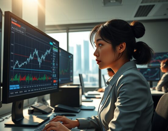 Trader in Asia analyzes currency charts as Australian dollar rises and regional FX reacts to Iran tensions.