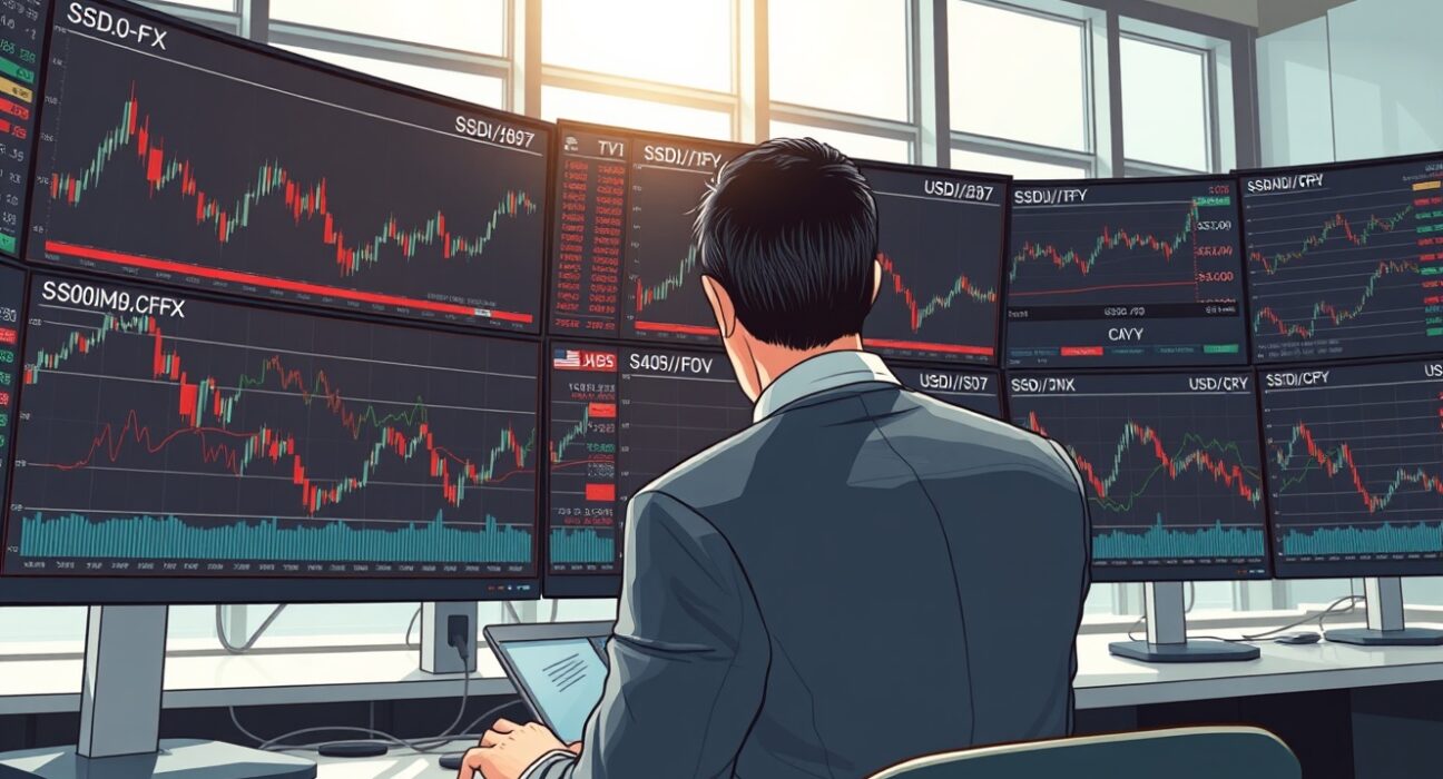 Financial trader monitoring volatile Asian currency markets ahead of Federal Reserve decision