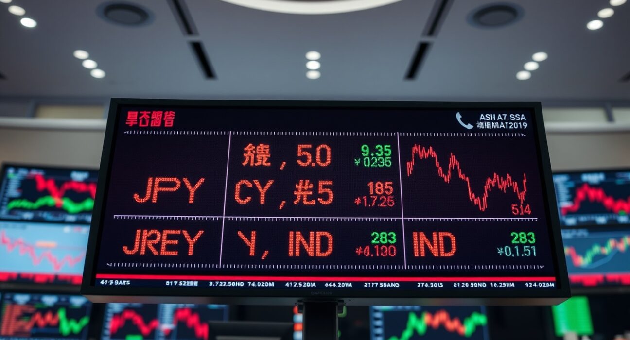Financial market ticker board showing Asian currency symbols and mixed trading charts