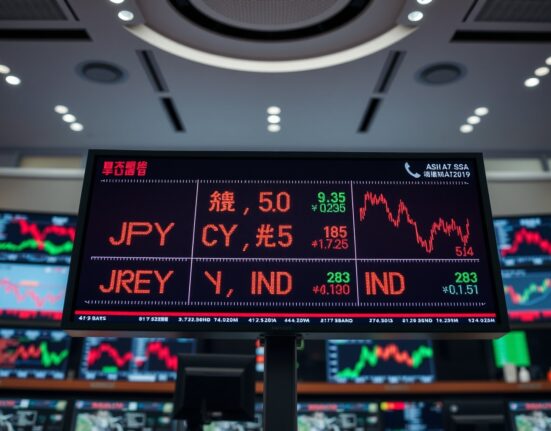 Financial market ticker board showing Asian currency symbols and mixed trading charts