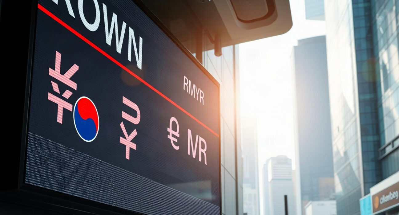 Currency exchange board in Asian financial district with KRW and MYR symbols