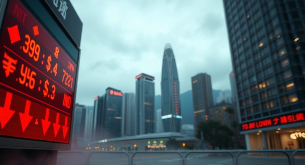 Asian currency exchange board showing losses against U.S. dollar with city skyline in background