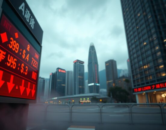 Asian currency exchange board showing losses against U.S. dollar with city skyline in background