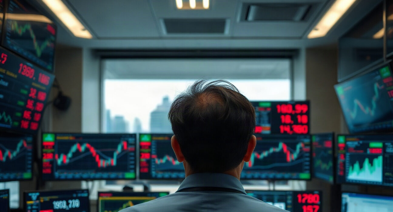 Asian currency market trading screens showing exchange rates and charts