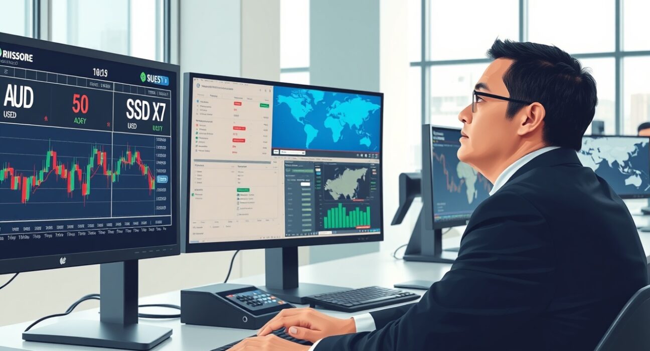 Professional trader analyzing Asian currency markets amid geopolitical tensions and Australian inflation data release