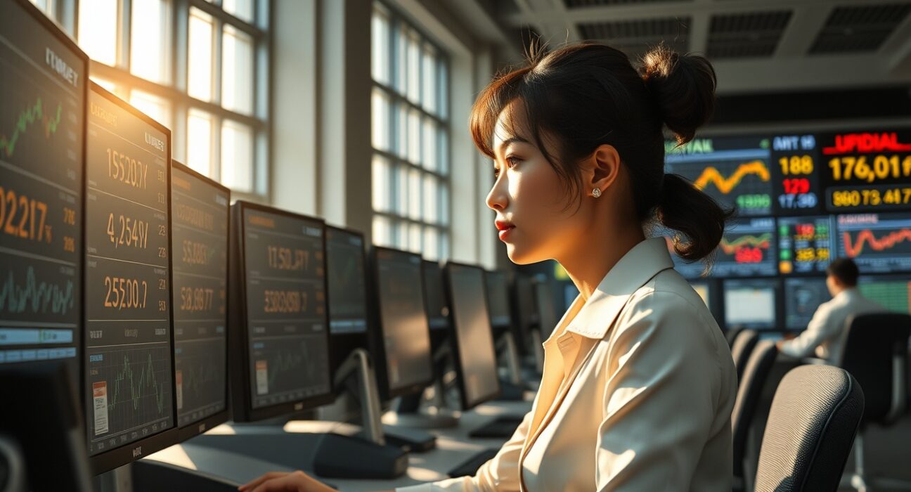 Financial analyst monitoring Asia FX markets and oil prices during morning trading session in Singapore
