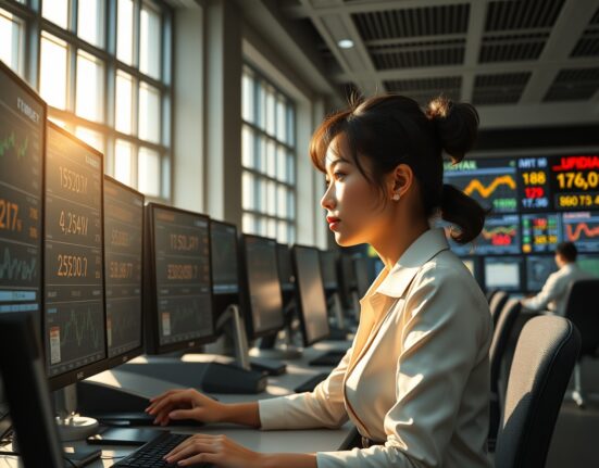 Financial analyst monitoring Asia FX markets and oil prices during morning trading session in Singapore