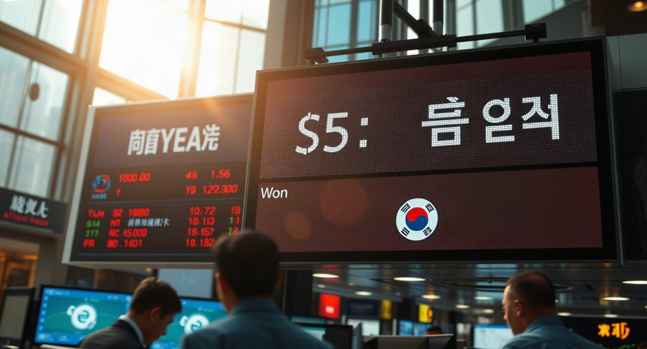 Traders monitor currency exchange rates on a board in an Asian financial hub as the dollar holds gains ahead of Jackson Hole and the won rises after BOK hike.