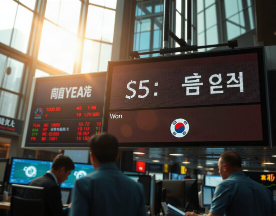 Traders monitor currency exchange rates on a board in an Asian financial hub as the dollar holds gains ahead of Jackson Hole and the won rises after BOK hike.