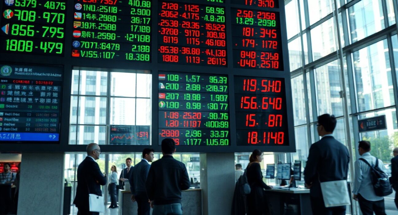 Currency exchange board showing mixed Asian forex rates with Indian Rupee highlighted