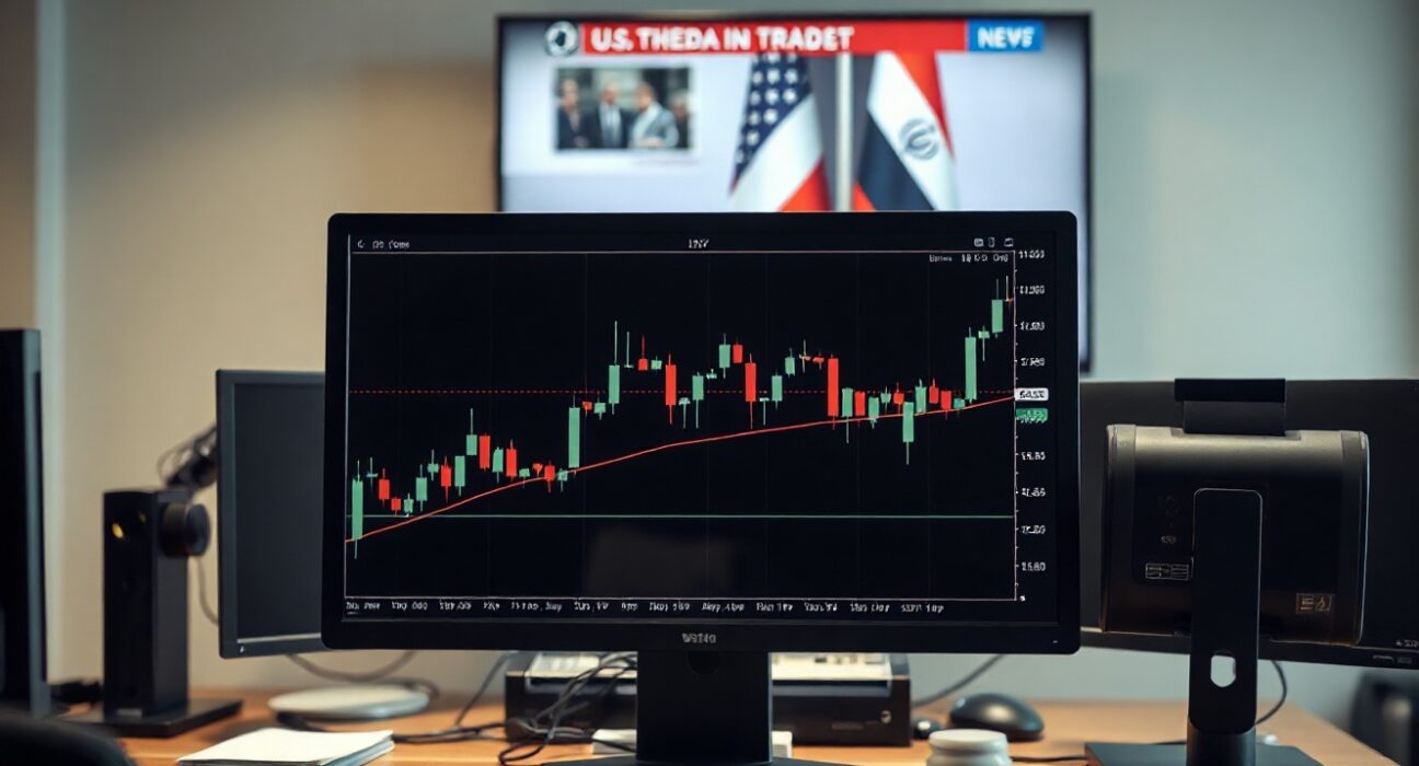 Asian currency chart on a trading screen with U.S.-Iran talks in the background