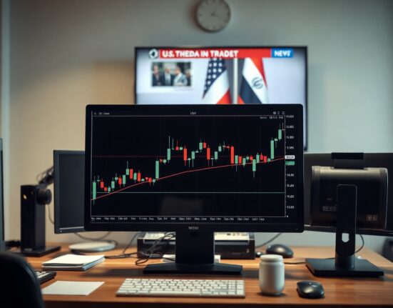 Asian currency chart on a trading screen with U.S.-Iran talks in the background