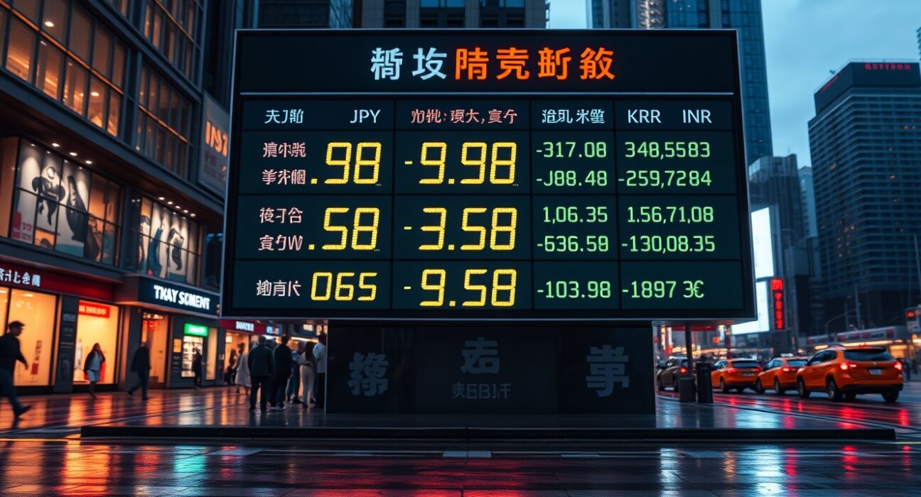 Electronic currency board showing muted Asian FX rates against the US dollar in a financial district at dusk.