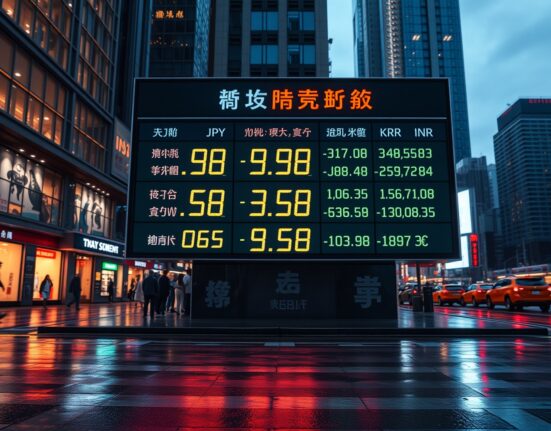 Electronic currency board showing muted Asian FX rates against the US dollar in a financial district at dusk.