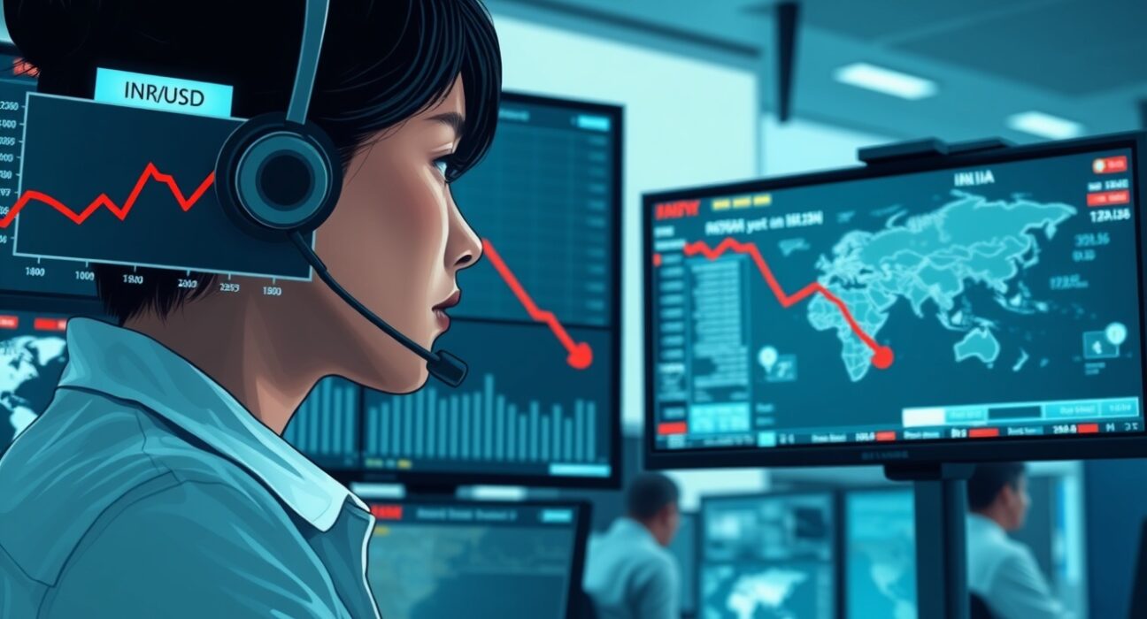 Trader in Singapore monitors the Indian rupee hitting a record low against the US dollar on financial screens.