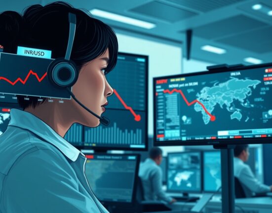 Trader in Singapore monitors the Indian rupee hitting a record low against the US dollar on financial screens.