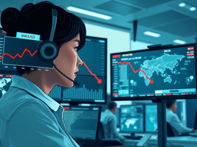 Trader in Singapore monitors the Indian rupee hitting a record low against the US dollar on financial screens.