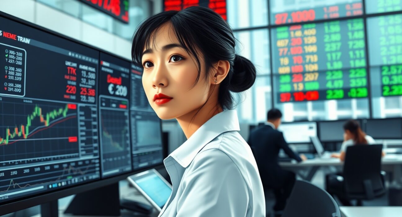 Financial analyst monitors Asia FX and yen currency pairs on trading terminal amid market volatility.