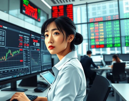 Financial analyst monitors Asia FX and yen currency pairs on trading terminal amid market volatility.