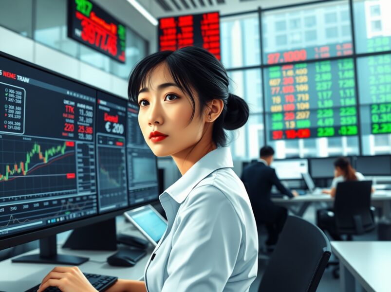 Financial analyst monitors Asia FX and yen currency pairs on trading terminal amid market volatility.
