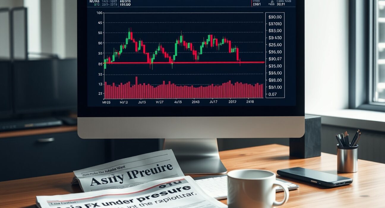Financial analyst desk with computer screen showing KRW and IDR exchange rate charts