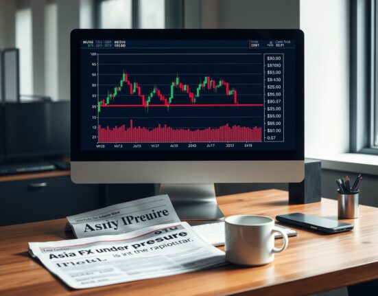 Financial analyst desk with computer screen showing KRW and IDR exchange rate charts