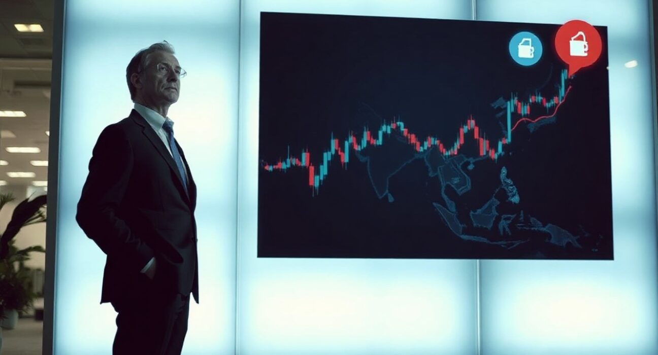 Financial analyst monitoring Asia FX and oil price charts on a digital display.
