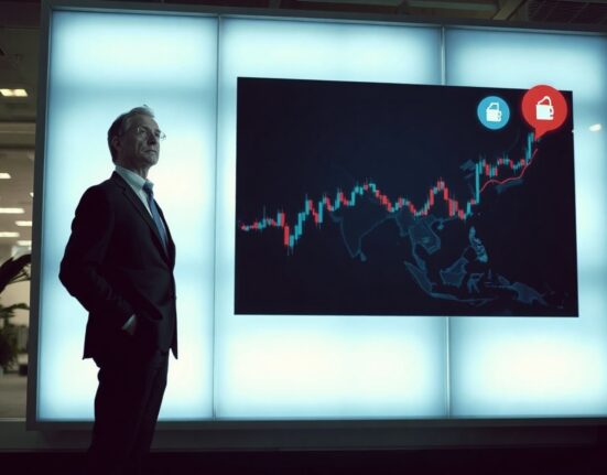 Financial analyst monitoring Asia FX and oil price charts on a digital display.