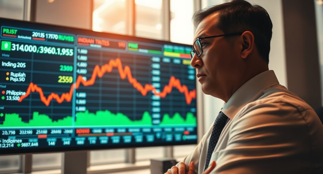 Financial analyst monitoring currency charts for Indonesia, Philippines, and India on a digital screen