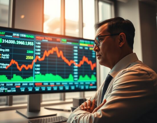 Financial analyst monitoring currency charts for Indonesia, Philippines, and India on a digital screen