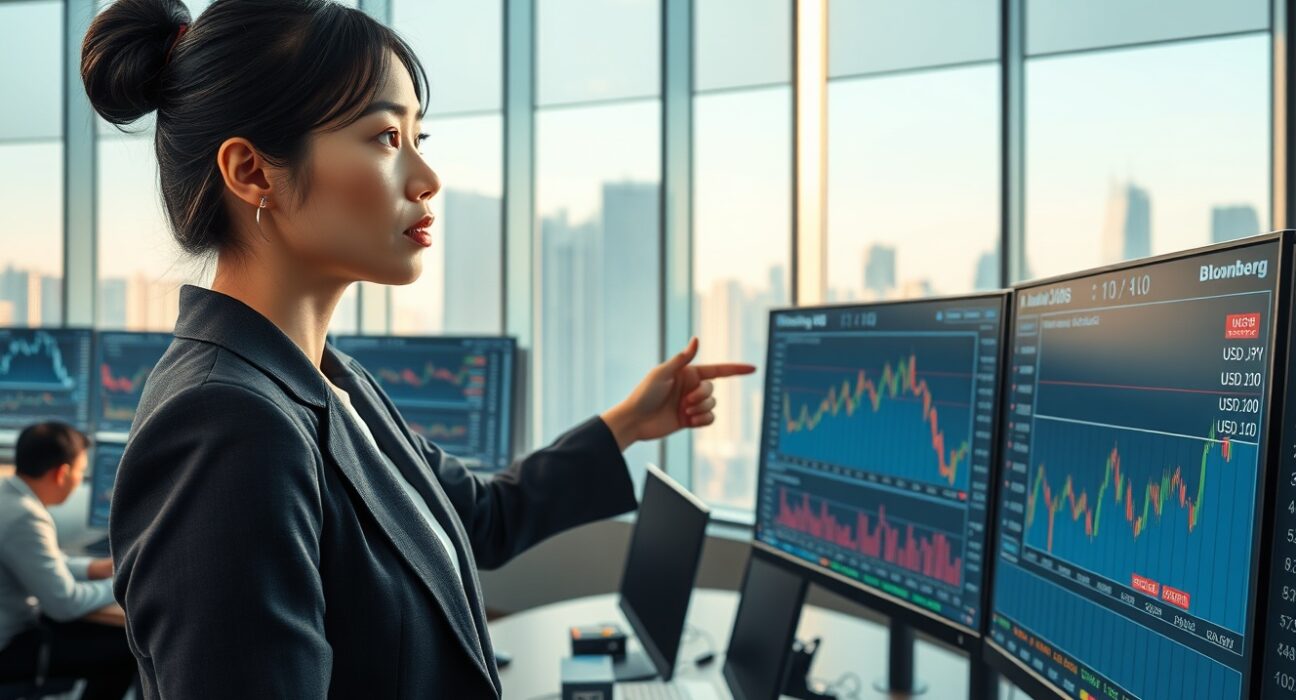 Financial analyst monitors Asian currency surge on trading screens following US-Iran ceasefire news.