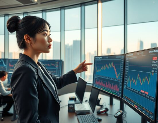 Financial analyst monitors Asian currency surge on trading screens following US-Iran ceasefire news.