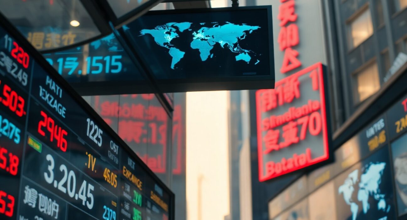 Currency exchange board in Asian financial district showing mixed rates