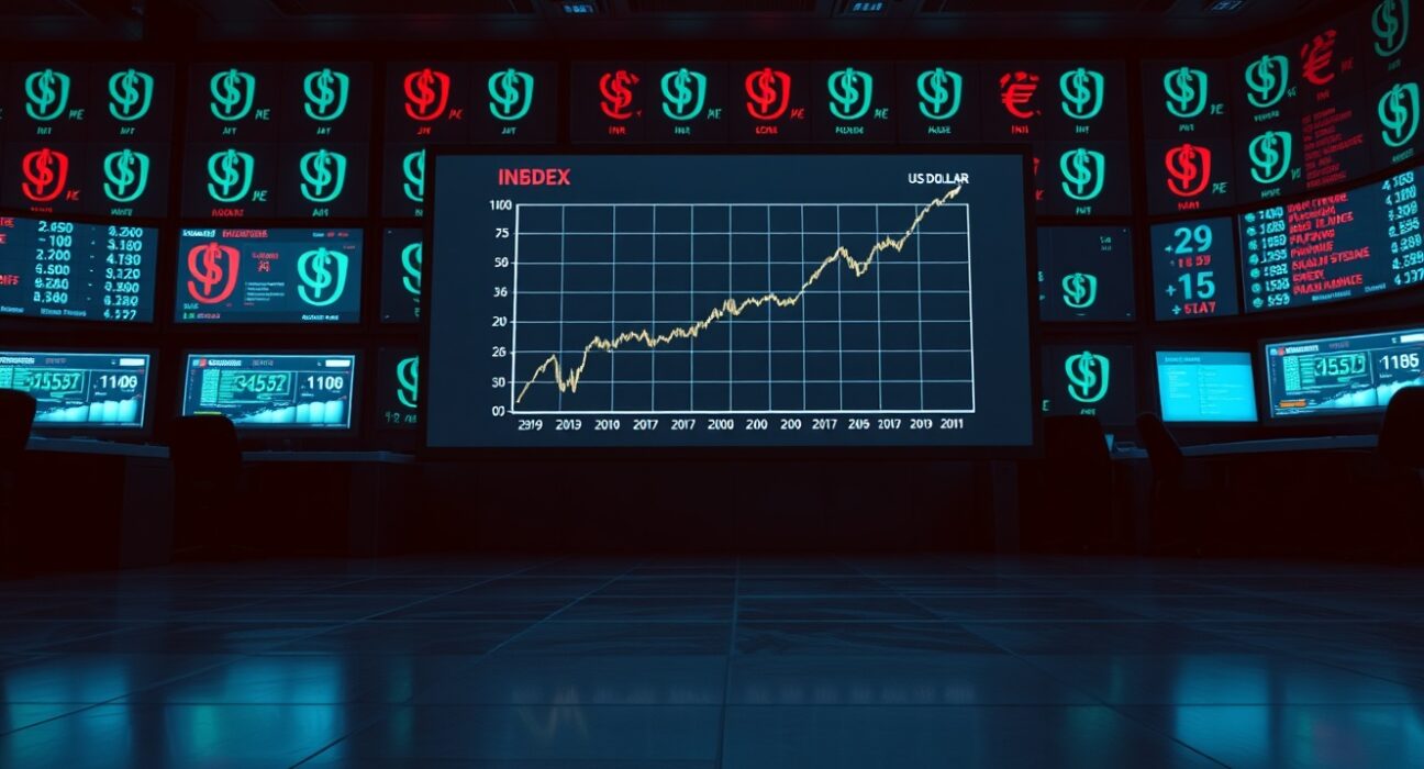 Digital screen showing rising dollar index and Asian currency pairs on a dimly lit trading floor.